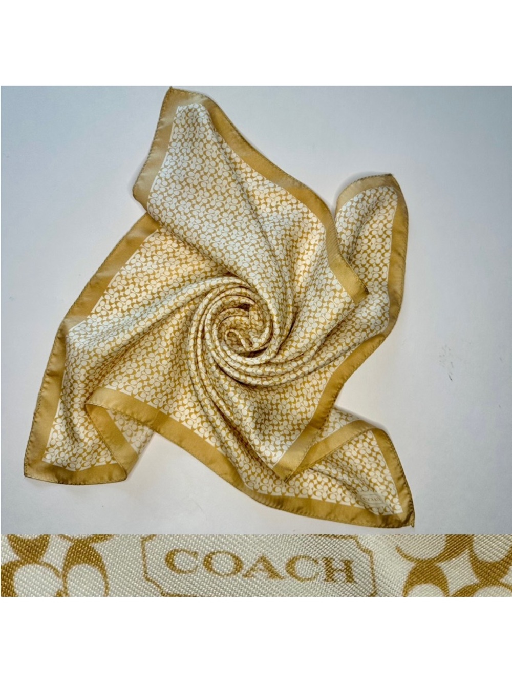 21” COACH Square Signature Cream & Ivory Logo Silk Scarf